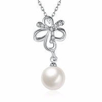 Simple Women Necklace Alloy Butterfly Rhinestone Pearl Pendant Necklace