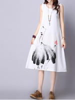 Sleeveless Ink Printing Women Vintage Dress