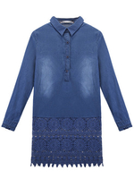 Slim Denim Lace Patchwork Long Sleeve Lapel Women Mini Dress