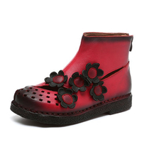 Socofy Breathable Hollow Out Leather Floral Vintage Flat Ankle Boots