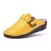 Socofy Buckle Soft Leather Backless Slip On Wedge Heel Shoes