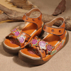 SOCOFY Hook Loop Open Toe Leather Flower Printing Retro Sandals