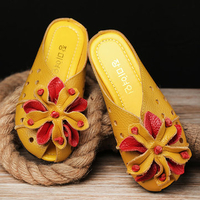 SOCOFY Leather Hollow Out Breathable Flower Retro Soft Backless Loafers