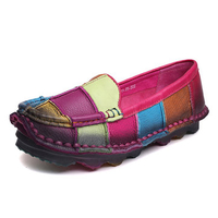 Socofy Rainbow Plaid Multi-Color Soft Sole Leather Flat Loafers For Women