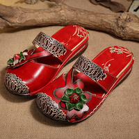 SOCOFY Red Flower Print Soft Learher Platform Lazy Shoes