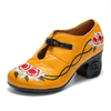 SOCOFY Retro Embroidery Mid Heel Chinese Knot Leather Sandals