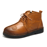 SOCOFY Retro Handmade Pattern Lace Up Leather Flat Boots