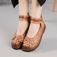 SOCOFY Vintage Flower Hook Loop Soft Leather Mary Janes