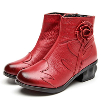 SOCOFY Vintage Flower Pattern Soft Ankle Leather Boots