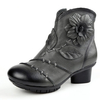 SOCOFY Vintage Handmade Floral Pattern Zipper Ankle Leather Boots