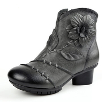 SOCOFY Vintage Handmade Floral Pattern Zipper Ankle Leather Boots