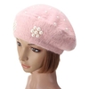 Soft Rabbit Fur Cotton Beret Flower Pearl Beaded Hat Thermal Knitted Beanie Hat