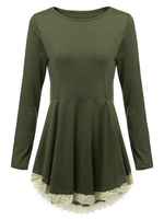 Solid Basic Lace Splicing Long Sleeve Pleated Dress