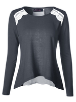 Solid Color Back Lace Stitching Long Sleeve O Neck Women T Shirts