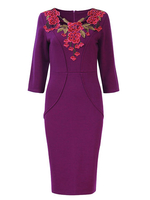 Solid Color Floral Embroidered Three Quarter Sleeve Women Dresses