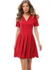 Solid Color Pleated Zipper V Neck Wavy Edge Women Dress