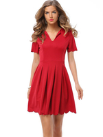 Solid Color Pleated Zipper V Neck Wavy Edge Women Dress