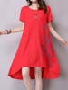 Solid Folk Embroidery Loose Hem Long Sleeve Women Dresses