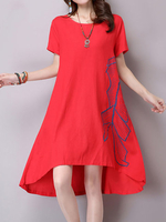 Solid Folk Embroidery Loose Hem Long Sleeve Women Dresses