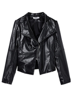 Solid Lapel Zipper PU Leather Women Cool Slim Short Jacket