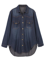 Solid Long Sleeve Lapel Button High Low Denim Shirt For Women