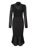 Solid Mesh Insert Chiffon Long Sleeve Turtleneck Fishtail Dress