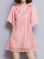Solid Patchwork Lace Hollow Out Short Sleeve Women Dresses