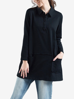 Solid Pocket Turn Down Collar Long Sleeve Women Sweatshirts