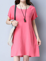 Solid Short Sleeve O Neck Pocket Style Women Dresses