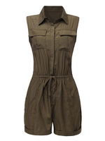 Solid Sleeveless Pocket Drawstring Lapel Jumpsuit Shorts For Women
