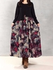 Splicing Floral Leaf Print Patchwork Loose Long Sleeve Women Dress