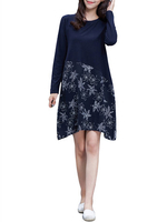 Splicing Floral Printed Women Long Sleeve Vintage Dress