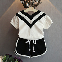 Sports Stripe Short Sleeve O-neck T-shirt With Shorts Suit For Kids Girl