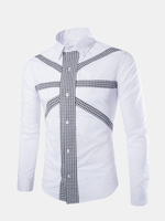 Spring Fall Cotton Long Sleeve Rice-shape Two-tone Plaid Dress Shirt for Men