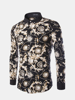 Spring Fall Fashion Floral Pattern Slim Fit Turndown Collar Long Sleeve Shirts For Men