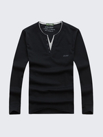Spring Fall Mens Casual V-neck Cotton Tops Loose Button Fasion Long Sleeve T-shirts