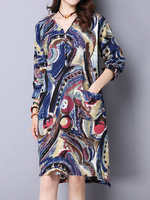 Spring Fall Women Printed V-Neck Long Sleeve Dress