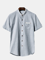 Spring Summer Mens Breathable Flax Solid Color Short Sleeve Casual Shirts