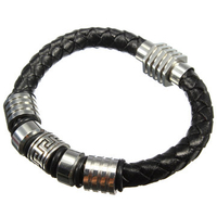 Stainless Steel Black Braided Genuine Leather Bracelet