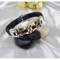 Stainless Steel Rhinestone Handmade Woven Leather Bracelet