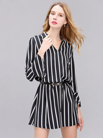 Stripe Long Sleeve Chiffon V Neck Mini Dress For Women