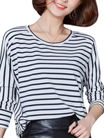 Stripe Long Sleeve O Neck Casual T-shirt For Women