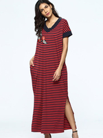 Stripe Loose Split Short Sleeve V-neck Maxi Dress For Women