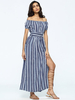 Stripe Off-shoulder Split Short Sleeve Maxi Dress For Women