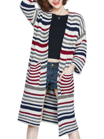 Stripe Printed Knit Preppy Style Contrast Long Sleeve Women Cardigan