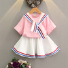 Stripe Short Sleeve O-neck T-shirt With Skirt Suit For Kids Girls