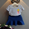 Stripe Short Sleeve T-shirt Denim Skirt Suit For Kids Girl