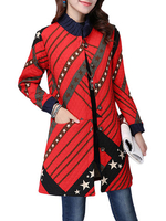 Stripe Star Printed Long Sleeve Stand Collar Button Long Coat For Women