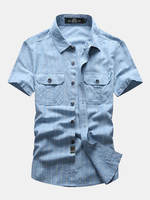 Striped Pockets Solid Color Pure Cotton Shirt