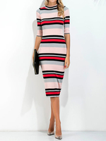 Striped Print Half Sleeve O Neck Package Hip Women Dresses